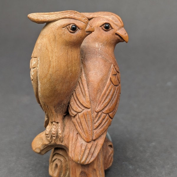 wood carving: Hand carved Boxwood 2 bird netsuke, wood bird charm, symbol of prosperity, wood prosperity charm, signed