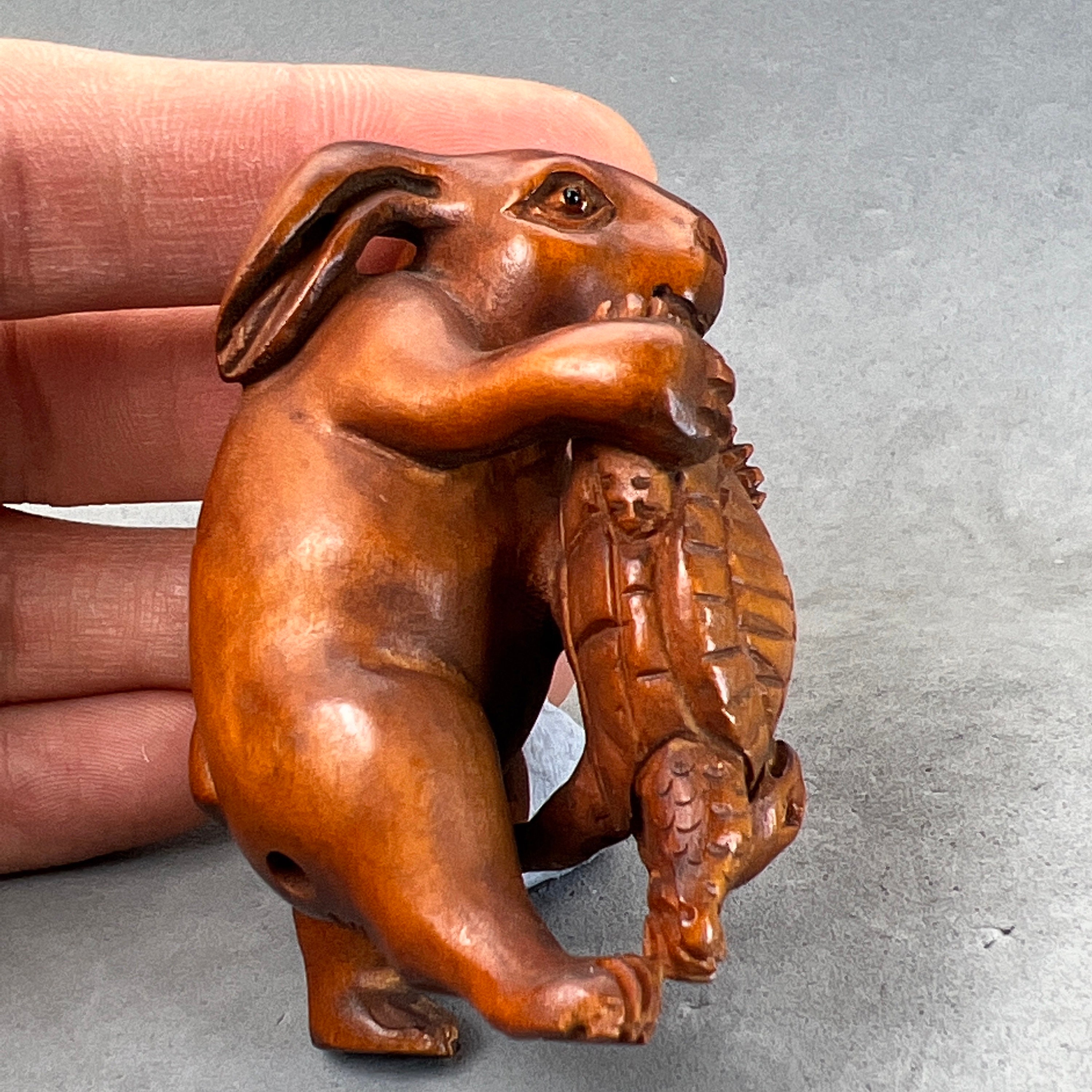 Hand Carved Boxwood Netsuke of Rabbits, Year of Hare, Rabbit Charm ...