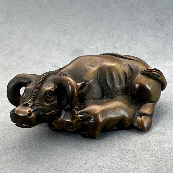 Hand Carved Boxwood Ox Netsuke, Wood Ox Netsuke, Boxwood Cow