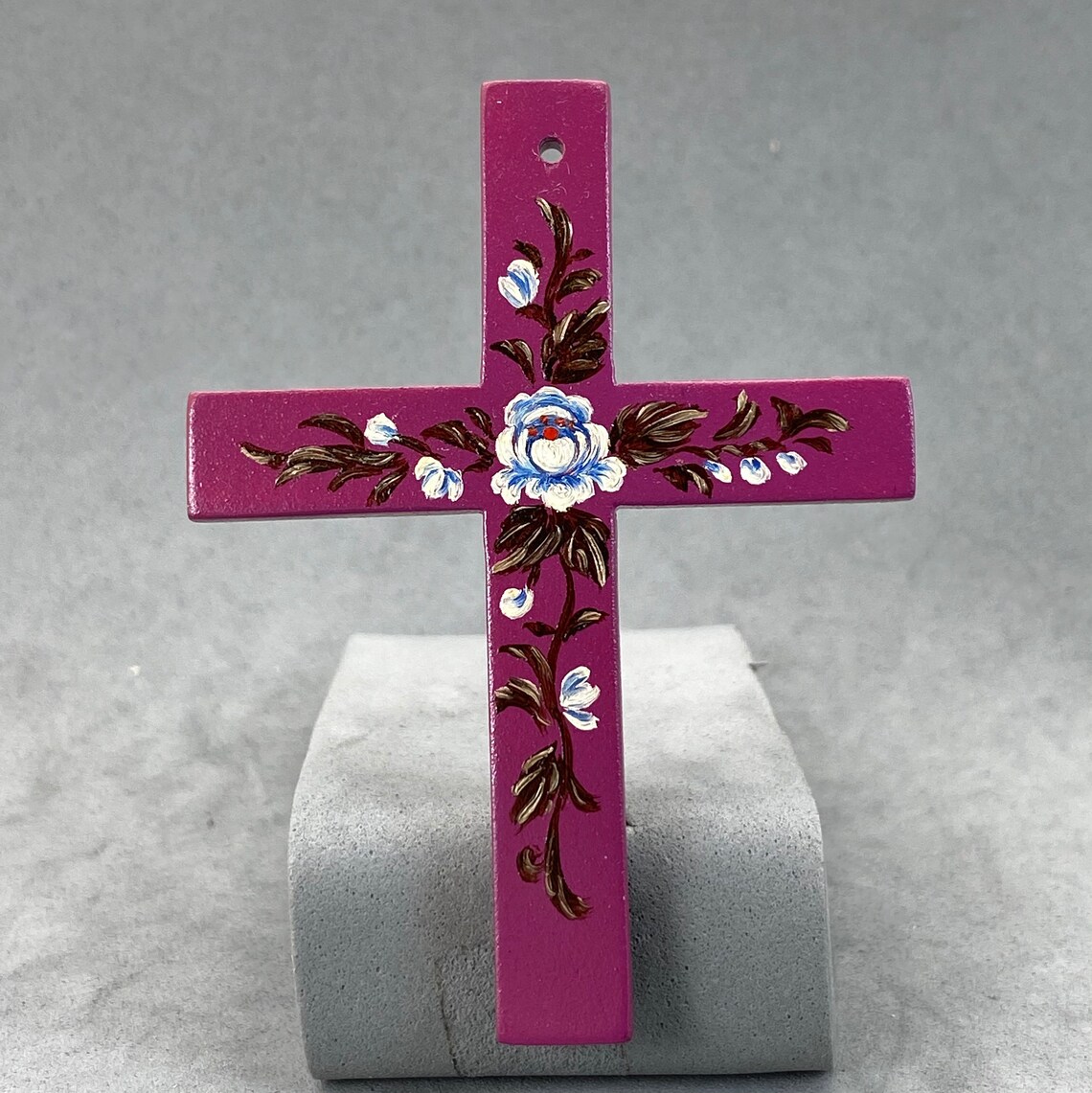 Fuchsia Wood Cross With Painted Bouquet Pendant, Drilled, Blue, Purple ...