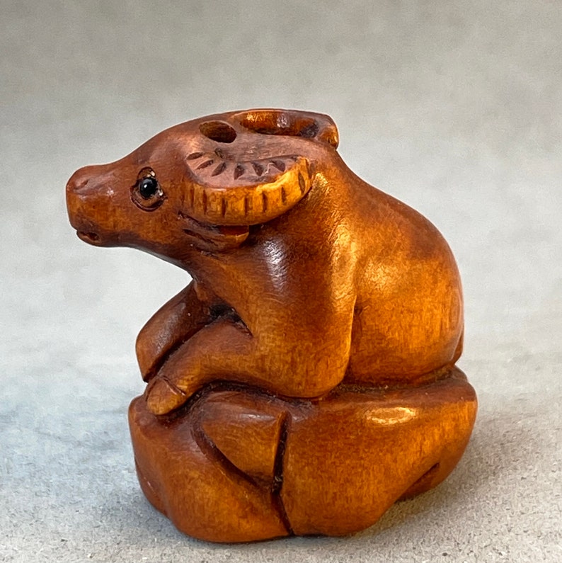 ox Boxwood ojime: hand carved boxwood ojime ox bead cow charm sustainable material signed year of the ox finely carved wood ox charm