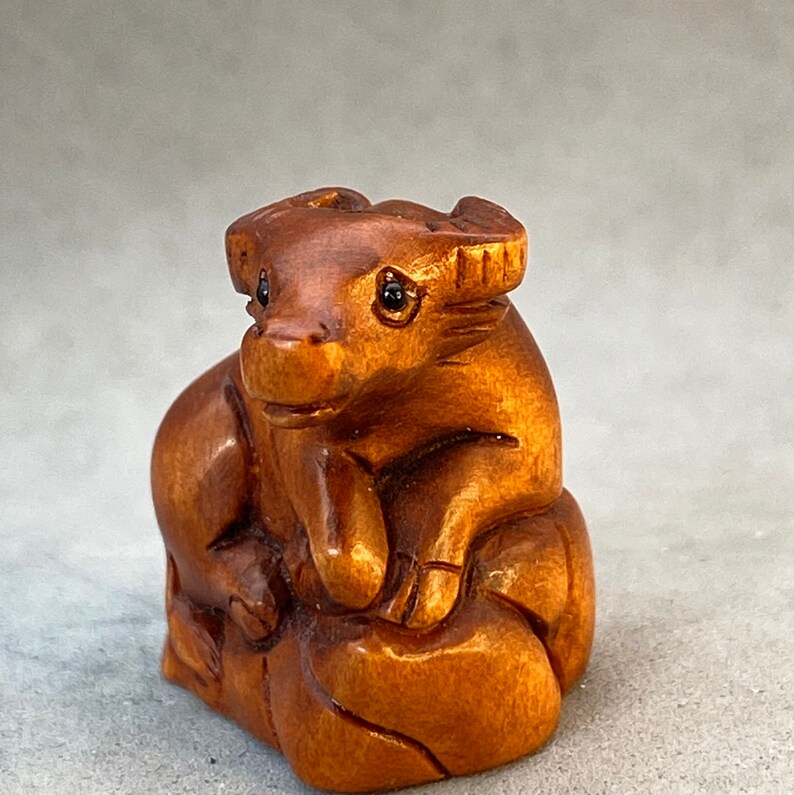 ox Boxwood ojime: hand carved boxwood ojime ox bead cow charm sustainable material signed year of the ox finely carved wood ox charm