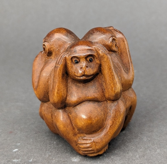 Hand Carved Boxwood Hear-see-speak No Evil Monkey Netsuke, Hear No