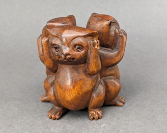 Talla de madera: Boj tallado a mano escuchar-ver-hablar no evil cats netsuke, no oír el mal, no hablar el mal, no ver el mal, firmado por el artista