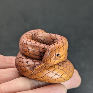 May include: A hand-carved wooden snake figurine, coiled and with a detailed, textured surface. The snake is brown with a black eye.