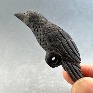 Dark wood carving: dark wood carving of a raven, black wood raven pendant, hand carved dark wood raven charm, very details