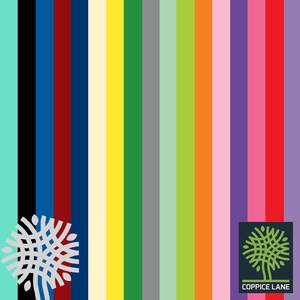 May include: A colorful striped background with a white and gray logo on the left and a green logo with the text "COPPICE LANE" on the right.
