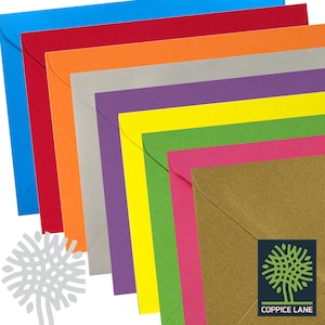 May include: A selection of colourful envelopes in blue, red, orange, grey, purple, yellow, green, pink, and gold. The envelopes are fanned out, displaying their bright colours. A logo featuring a tree design and the text "COPPICE LANE" is in the bottom right corner.