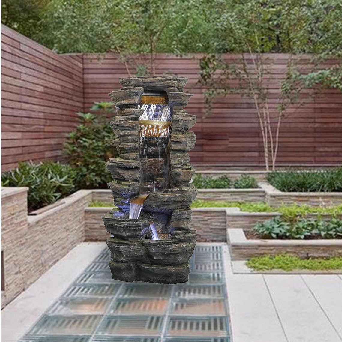 Outdoor Floor Water Fountain With Led Lights Stacked Rock Etsy