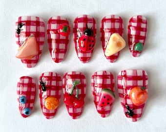 Summer picnic gingham fruit nails | hand painted and 3d sculpted | made to order