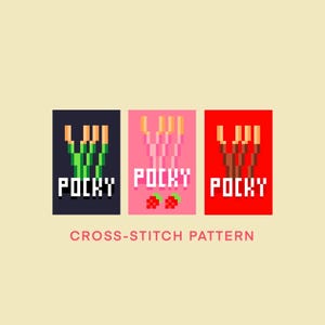 May include: Three different colored boxes with the word "POCKY" printed on them. The boxes are black, pink, and red. The pink box has a strawberry design. This is a cross-stitch pattern.