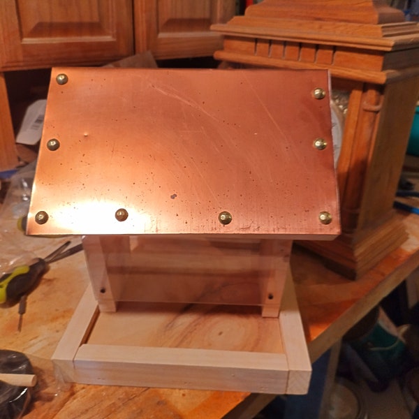 End grain copper top bird feeder