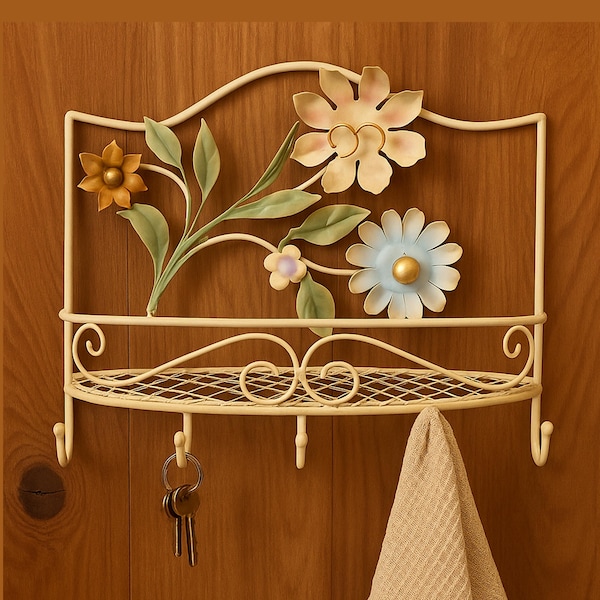 Estante de pared metálico vintage con diseño floral y ganchos: decoración bohemia de estilo rústico francés