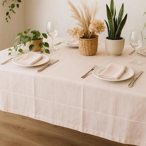 Mid-Century Blush Linen Tablecloth & 8 Napkins – 75.5x59&quot; – Natural Linen, White Stitch Border, Vintage Boho, Cottagecore, MCM Table Linens