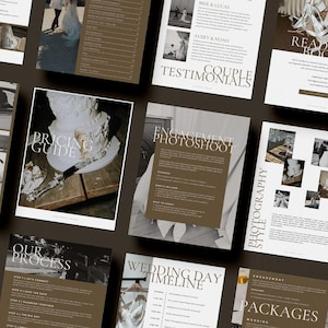 May include: A collection of wedding photography brochures and guides, featuring images of wedding cakes, couples, and wedding details. The brochures have a white and brown color scheme with text such as "Wedding Package", "Pricing Guide", and "Ready to Book?"