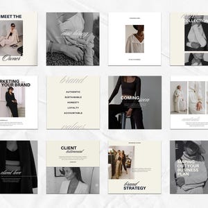 May include: A set of twelve square social media templates featuring a neutral color palette with black and white photography. The designs include text overlays such as Meet the Owner, Marketing Your Brand, Client Testimonial, and Brand Strategy.