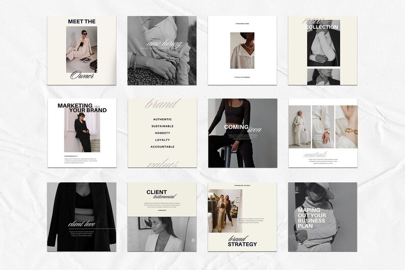 May include: A set of twelve square social media templates featuring a neutral color palette with black and white photography. The designs include text overlays such as Meet the Owner, Marketing Your Brand, Client Testimonial, and Brand Strategy.