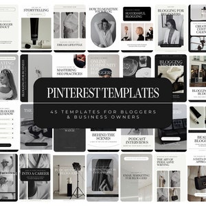 Op de afbeelding: Een verzameling van 45 Pinterest-sjablonen voor bloggers en ondernemers. De sjablonen zijn in zwart-wit en bevatten een verscheidenheid aan onderwerpen, waaronder bloggen, sociale media en bedrijfsvoering.