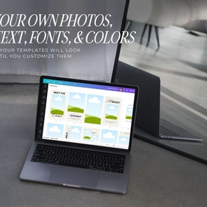 May include: A silver laptop displaying a Canva interface with multiple vertical social media templates featuring green hills and blue clouds. The screen shows text including MEET THE, GIVEAWAY, MINDSET, and ABLE. White text above reads ADD YOUR OWN PHOTOS, EDIT TEXT, FONTS, & COLORS. THIS IS HOW YOUR TEMPLATES WILL LOOK IN CANVA UNTIL YOU CUSTOMIZE THEM.