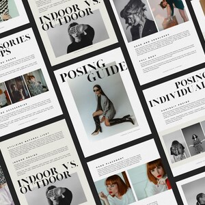 Op de afbeelding: Een verzameling zwart-wit bedrukte pagina's met de tekst "ACCESSORIES & PROPS", "INDOOR VS. OUTDOOR", "POSING GUIDE" en "POSING INDIVIDUALS". De pagina's bevatten afbeeldingen van modellen en tekst over fotografie.