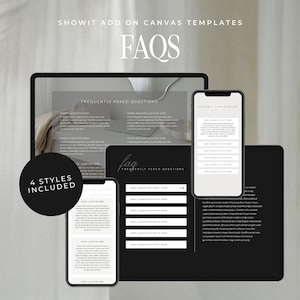 以下が含まれることがあります： よくある質問（FAQ）用のShowitアドオンCanvaテンプレートが4つの異なるスタイルで提供されています。これらのテンプレートは、ウェブサイトやソーシャルメディア用に設計されており、黒と白のカラーパレットでモダンでミニマルな美学を特徴としています。