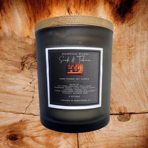 Suede and tobacco  8 oz Soy candle with bamboo lid and light gray  jar