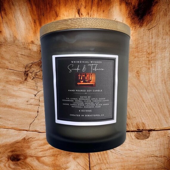 tobacco suede candle Suede and Tobacco 8 Oz Soy Candle With Bamboo Lid and Light Gray Jar