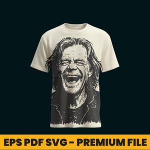 May include: A white t-shirt featuring a black and white illustration of a man laughing. The man has long hair and a beard.