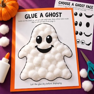 Cotton Ball Ghost Craft Printable, Preschool Halloween Activity, Glue Practice PDF