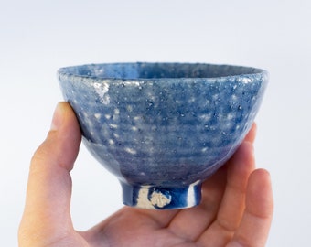 Blue wheel thrown wabi sabi tea bowl for chinese tea ceremony, stoneware, ash glazed