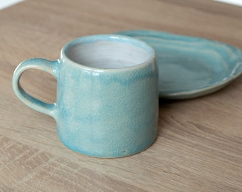 Bright stoneware coffee cup with dessert plate | 230ml | Unique handmade pottery | Ceramic cappuccino mug