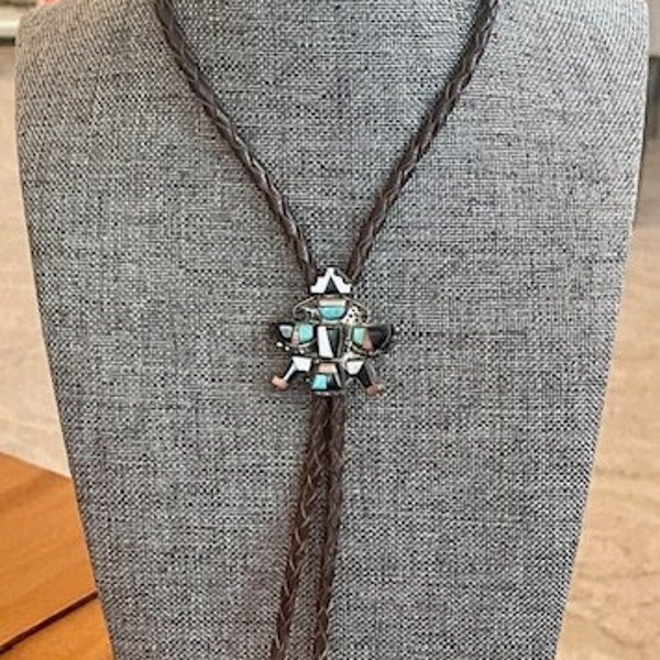 Zuni Bolo Tie Necklace with Turquoise, Coral, Mother of Pearl, Onyx Inlaid stones - Vintage