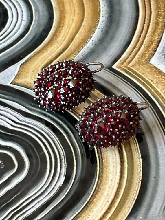 Vintage Bohemian Dark Red Garnet Cluster Gold Tone Lever Back