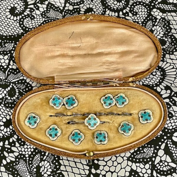 Matching 15-piece Antique Solid Silver and Guilloche Enamel Cufflinks, Tie Clip and Stud Set all in original Antique Box