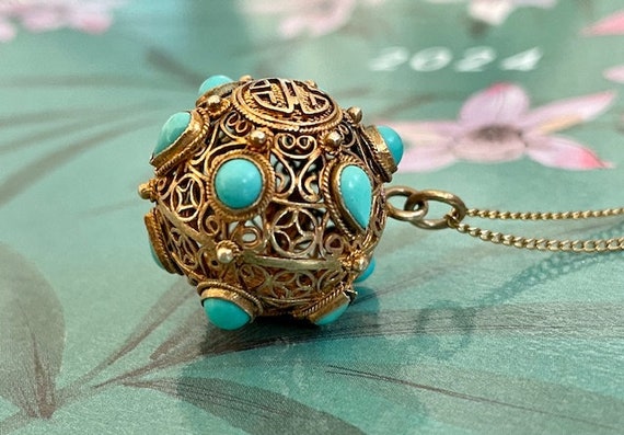Chinese Vermeil Filigree Orb Pendant and Chain - … - image 5