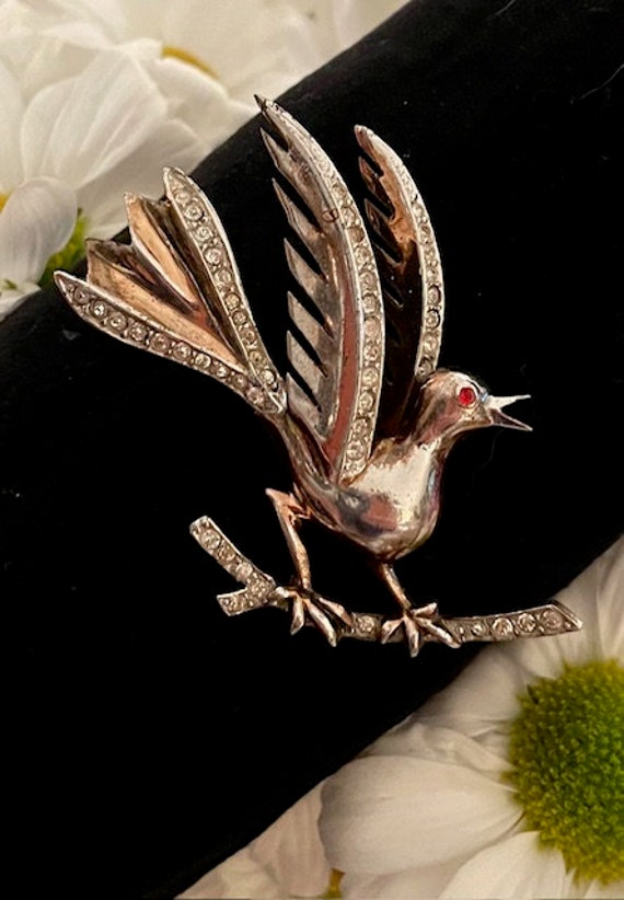 Vintage Bird on Branch Sterling Sliver Rhinestone… - image 1