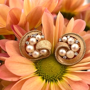 Trifari Crown Signed Faux Pearl and Rhinestone Clip-on Earrings
