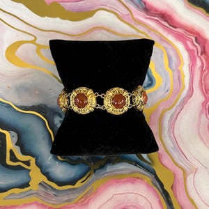 Carnelian Sterling Silver Gilded Round Link Filigree Scroll Bracelet - Vintage