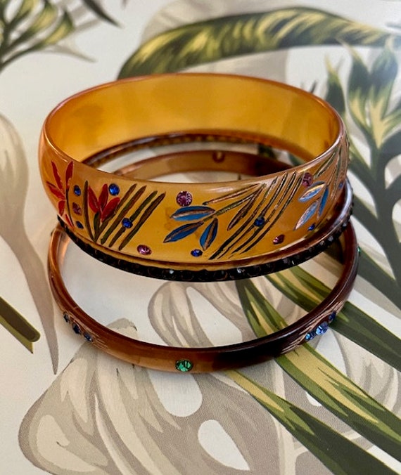 Vintage Celluloid Butterscotch and Brown Rhinesto… - image 3