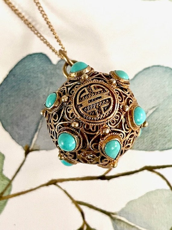 Chinese Vermeil Filigree Orb Pendant and Chain - … - image 1