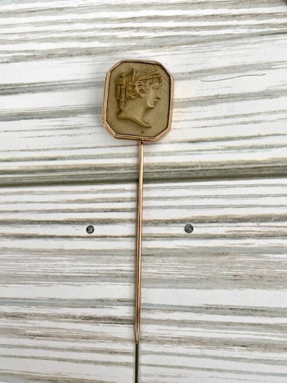 Antique 14K Lava Carved Cameo Stick Pin