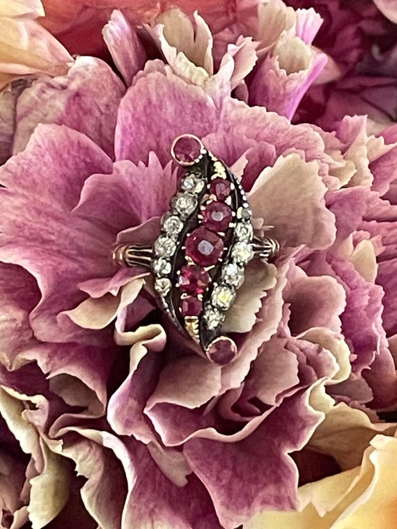 Victorian 18K Diamond and Ruby Navette Ring - Ant… - image 2