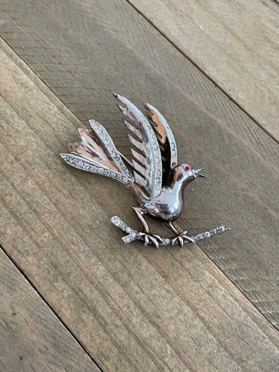 Vintage Bird on Branch Sterling Sliver Rhinestone… - image 6