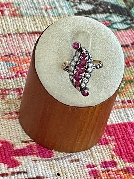 Victorian 18K Diamond and Ruby Navette Ring - Ant… - image 8