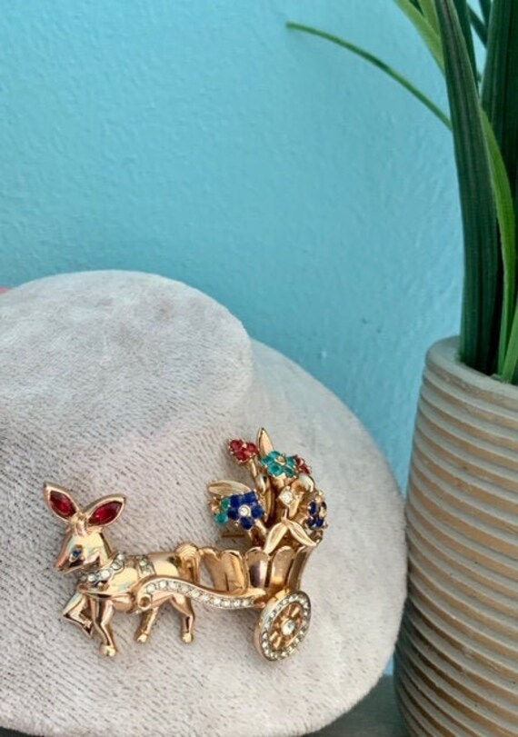 Vintage Coro Donkey Flower Cart Brooch Pin