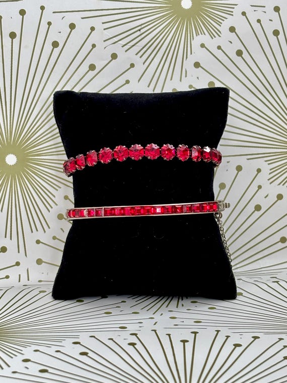 2-Art Deco Sterling Silver Ruby Red Glass Bracelets - Art Deco - Vintage