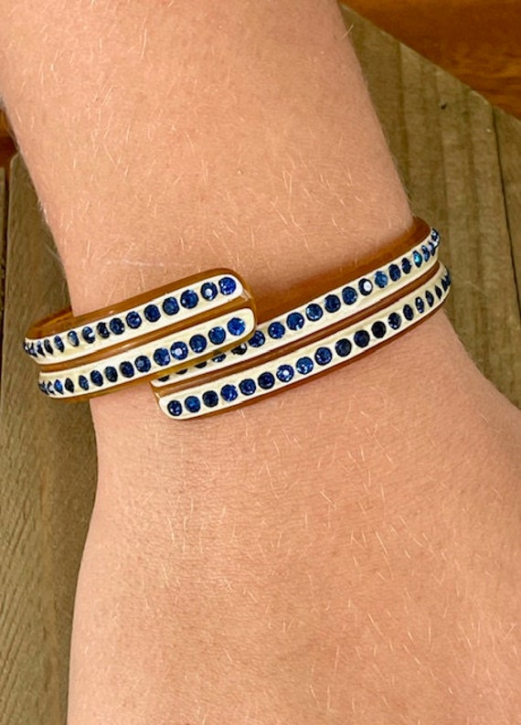 Classic Crossover off White Celluloid Bangle With Dark Blue Rhinestones Vintage Etsy