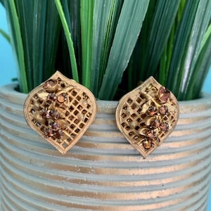 Miriam Haskell Gold-Toned Mesh and Brown Glass Clip-On Earrings - Vintage