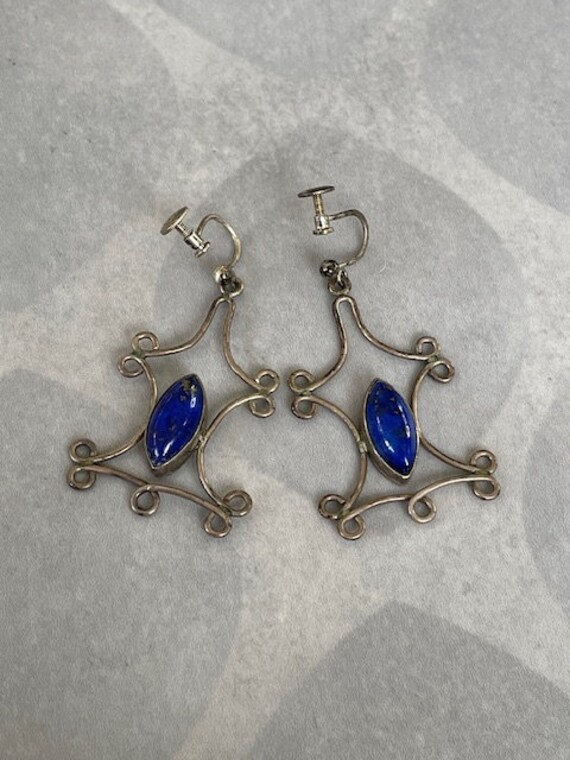 Vintage Lapis Silver Dangle Earrings with Screw b… - image 5