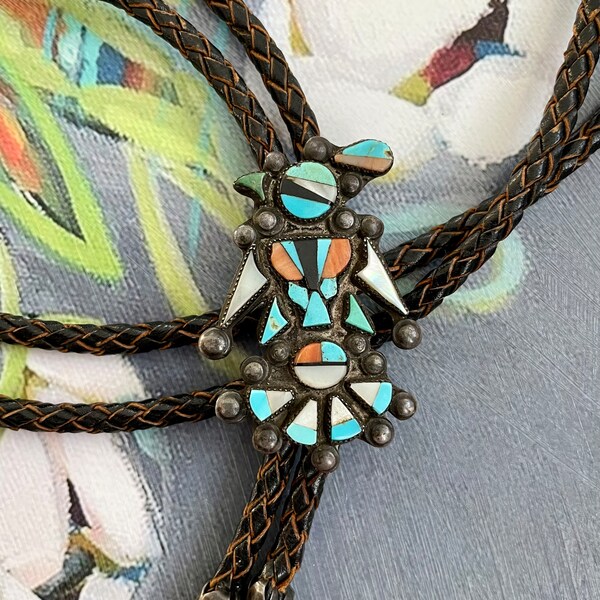 Zuni Bolo Tie with Turquoise, Coral, Mother of Pearl, Onyx Inlaid stones - Vintage